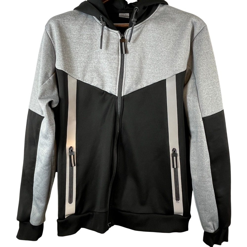 Mens XL Fleece Lined Hoodie Jacket Black Gray Full Zip Hooded Casual